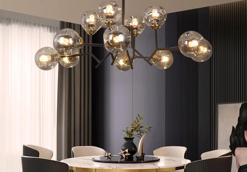 12-flammiger schwarzer Kronleuchter mit Kugelglasschirm, moderne Pendelleuchte für Wohnzimmer