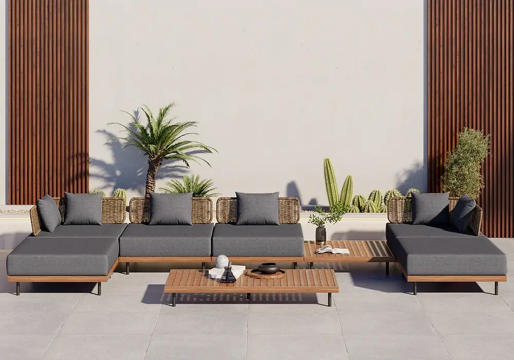 8 PiecesTeak & Aluminum & Rattan Outdoor Sectional Sofa Set with Coffee Table