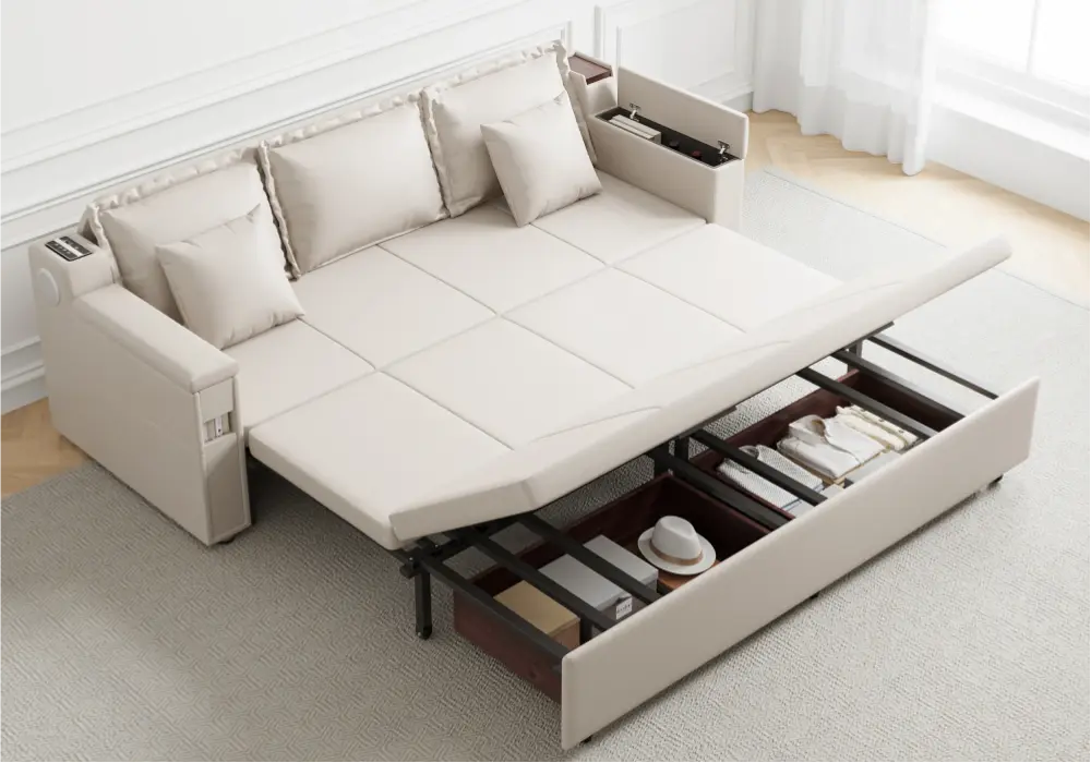 83" King 3-Seater Leather Sleeper Sofa with Speaker & USB Ports
