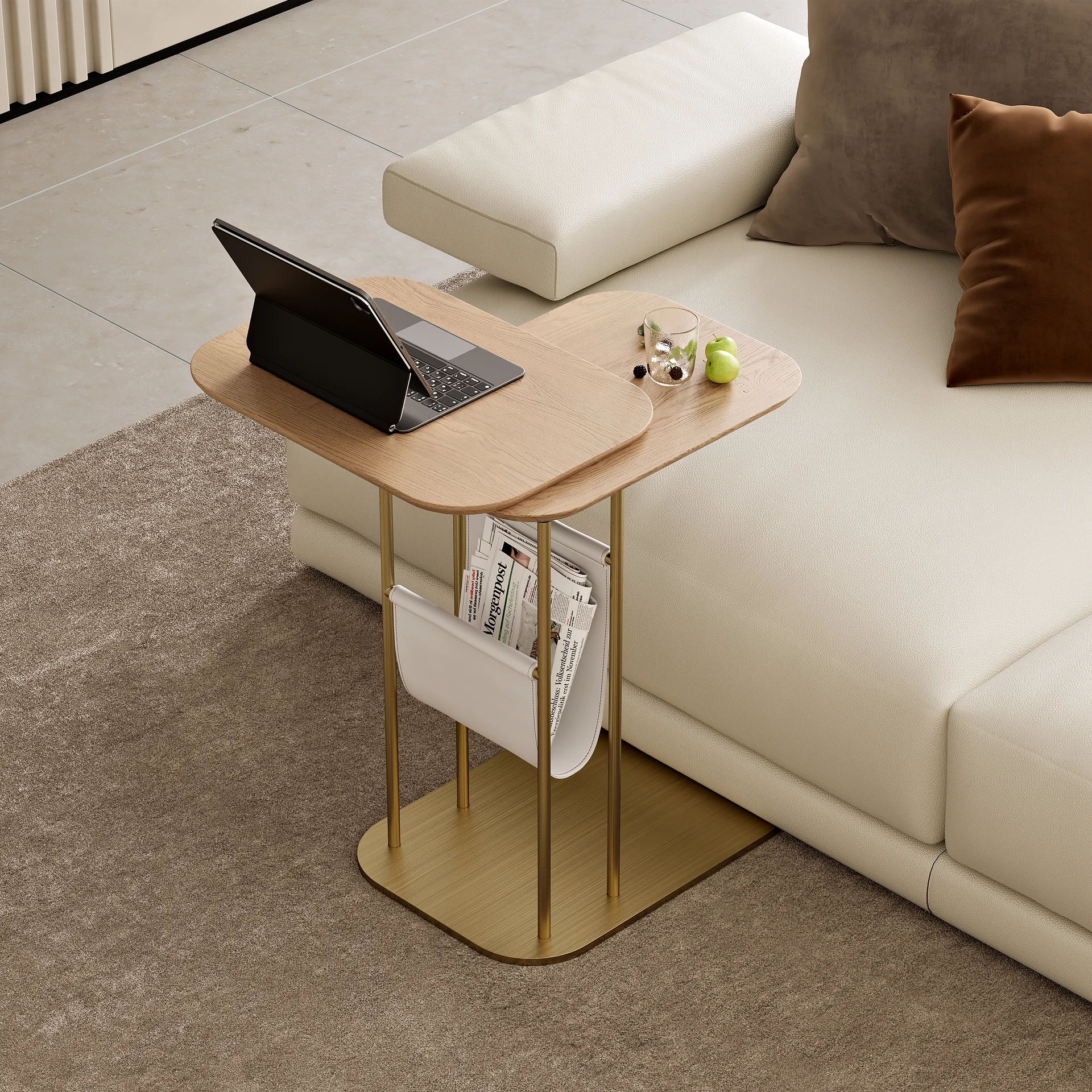 Modern 20 C-Shaped Natural & Gold Rotating End Table with Magazine Rack