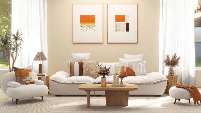 Modern & Nordic Style Living Room Design in Wood Tones & White with Wooden Metal Cotton