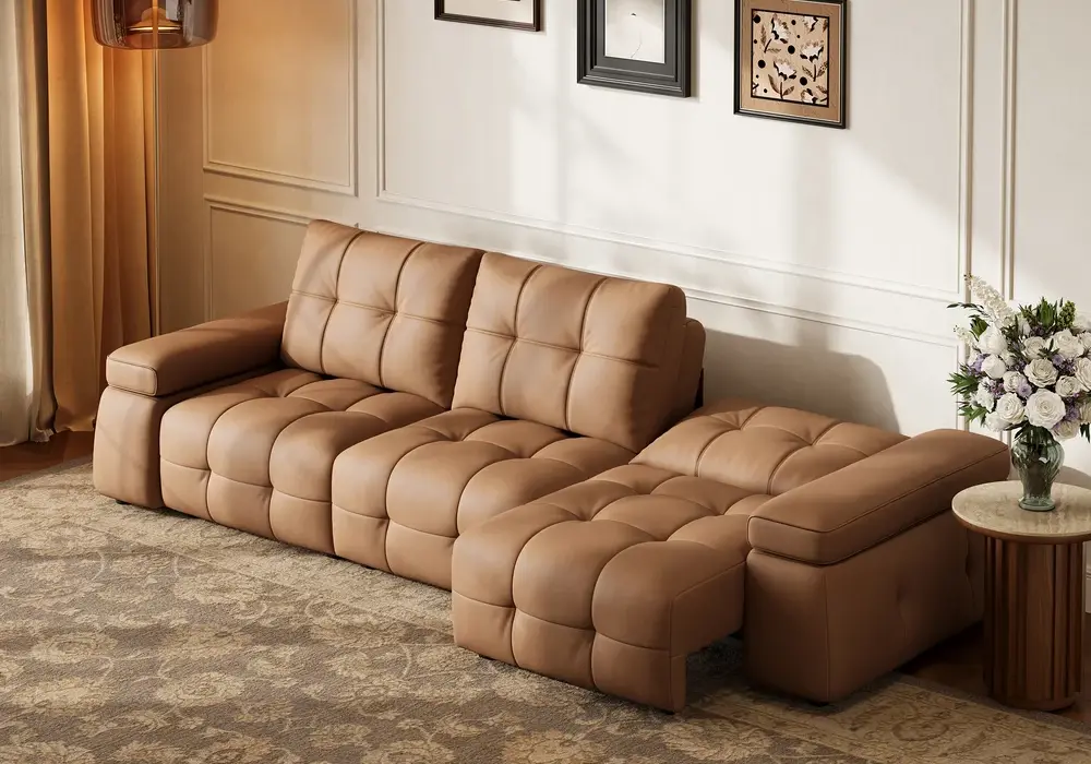 130" 3-Seater Genuine Leather Power Convertible Sleeper Sofa with adjustable armrests