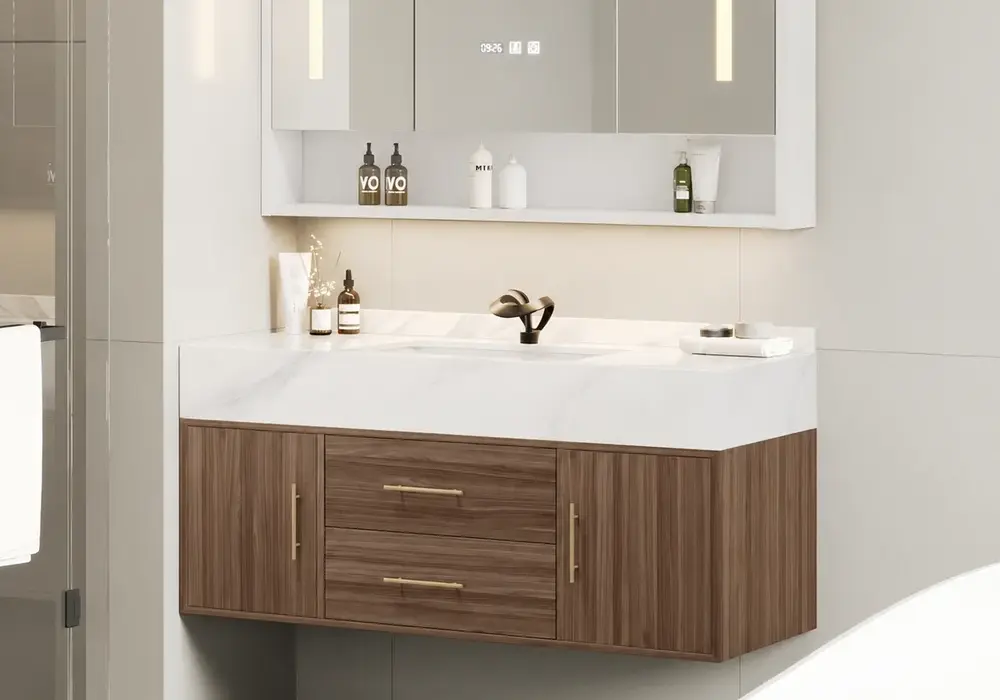 100cm Nussbaum Badezimmer Waschtisch & LED Spiegelschrank Set