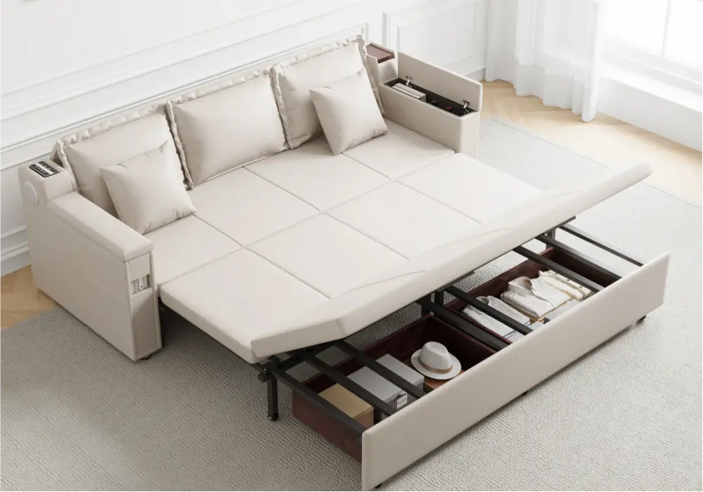 Sofá cama de cuero de 3 plazas de 2108 mm con altavoz y puertos USB
