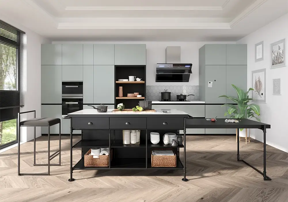 60" Industrial Extendable Faux Marble Kitchen Islands Black with 3-Drawer