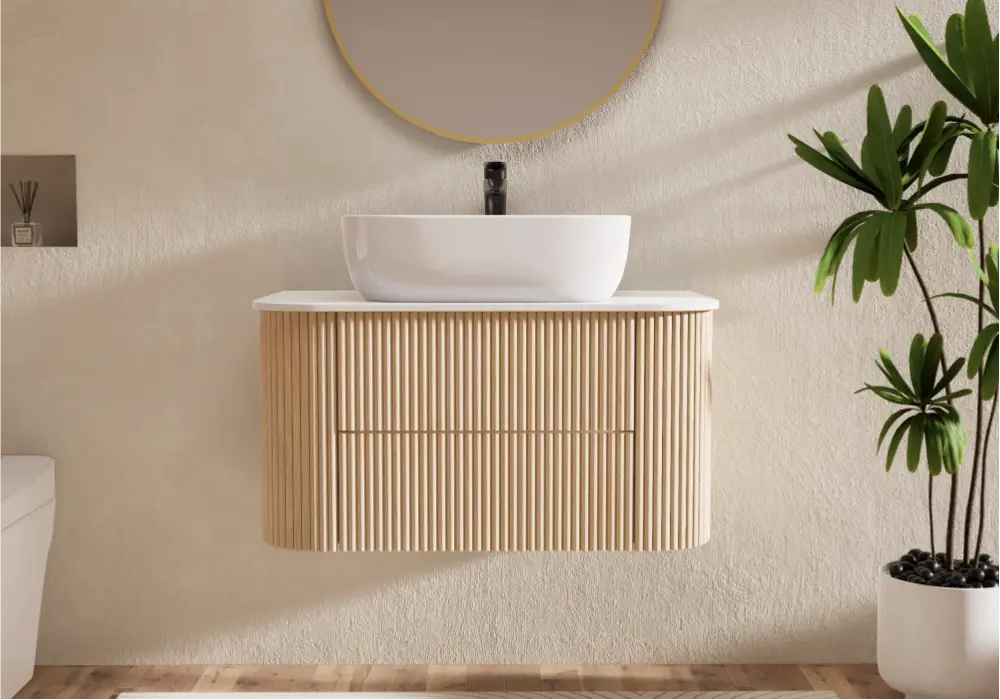 Vanité de salle de bain flottante cannelée de 800 mm avec dessus en pierre frittée à vasque unique