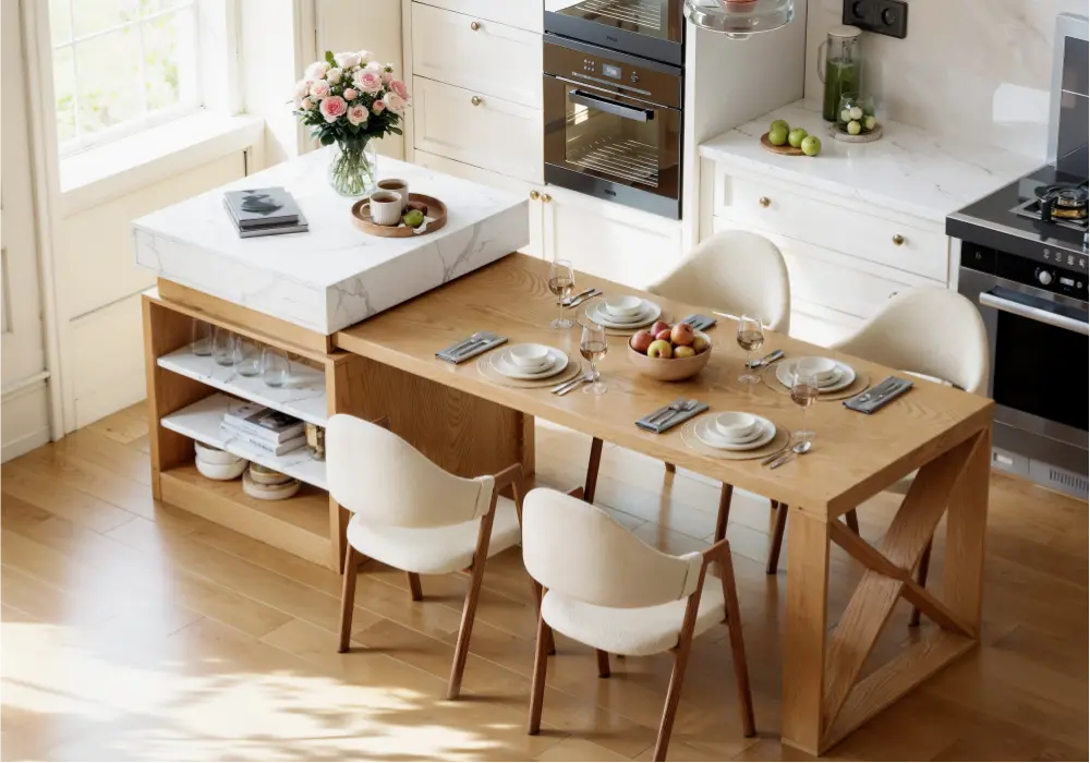 Modern 73"-93" Extendable White & Natural Kitchen Island with Dining Table, Seats 4