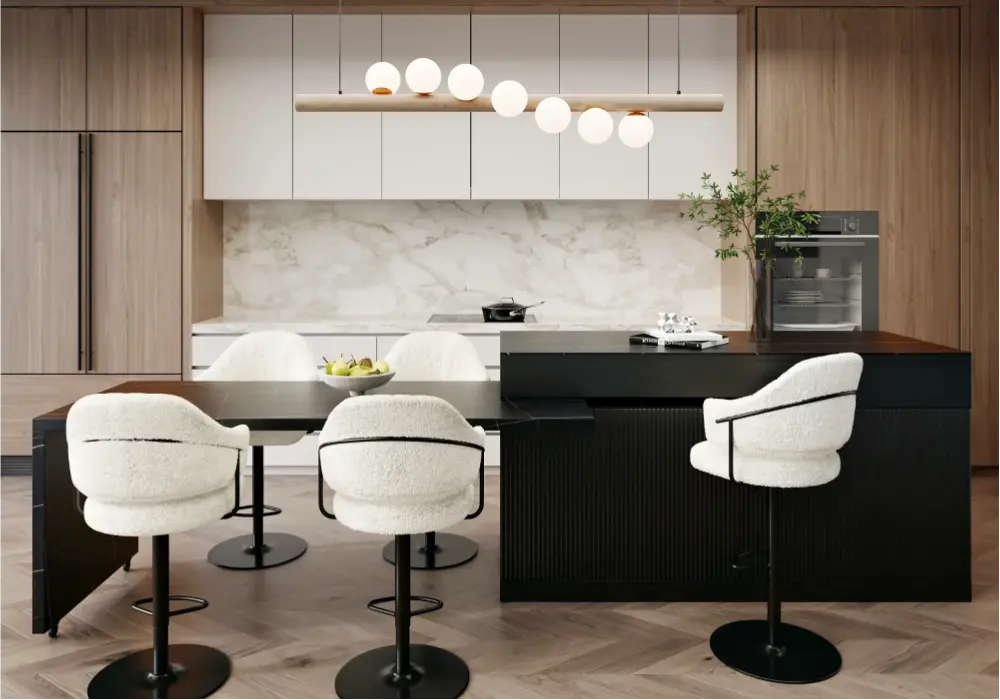 Modern 81"–106" Extendable Marble Pattern Kitchen Island with Doors & Drawers, Black