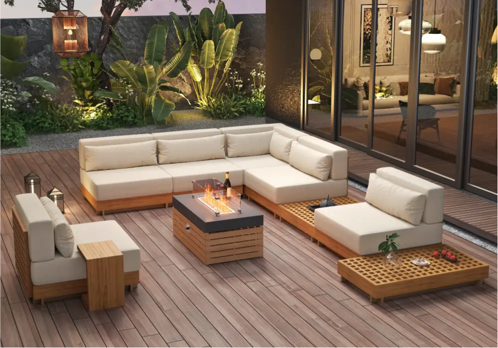 10-Pieces Premium Teak Modular L-Shaped Outdoor Sofa Set with Fire Pit in Beige