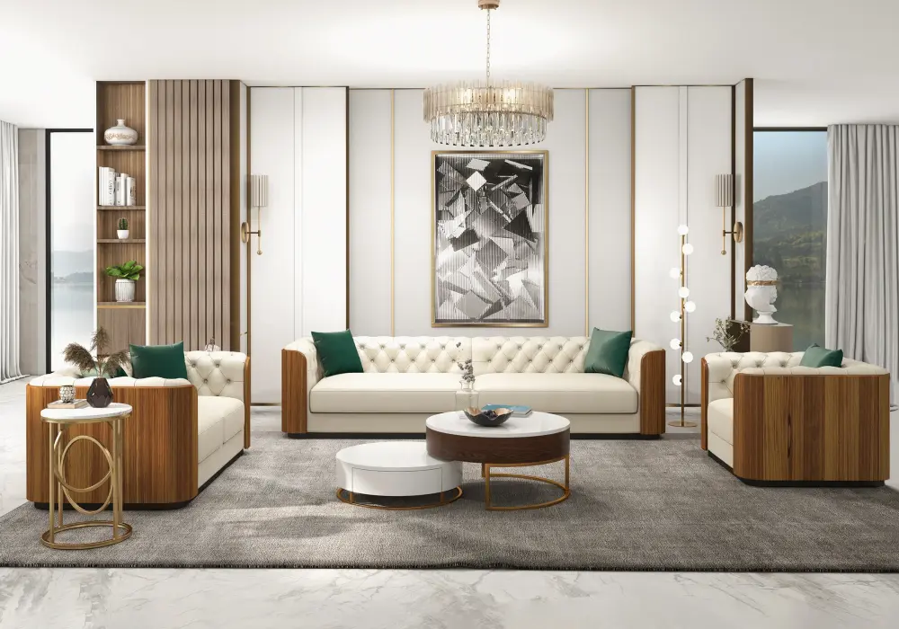 Wovent Modern Beige Faux Leather Tufted Sofa & Loveseat Living Room Set of 3