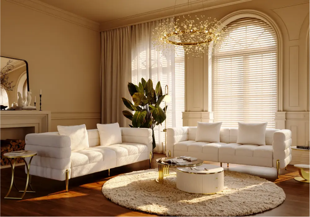 Axial 79" Boucle Fluted Sofa with Gold Legs & Pillows, Set of 2