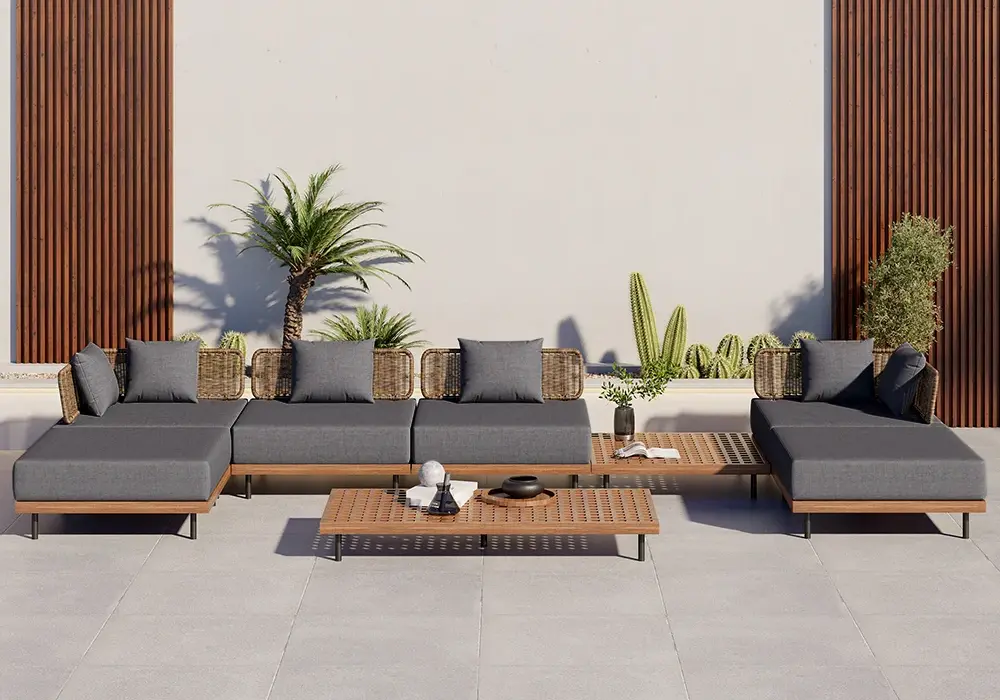 8 PiecesTeak & Aluminum & Rattan Outdoor Sectional Sofa Set with Coffee Table