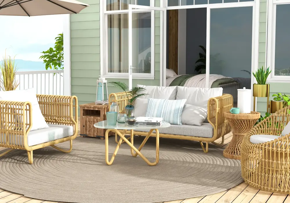 4-Piece Yellow Rattan Outdoor Sofa Set with Glass Coffee Table and Cushions