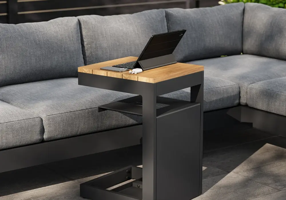 Tevara Outdoor Teak Aluminum Dark Gray Side Table with Solar Light (17")
