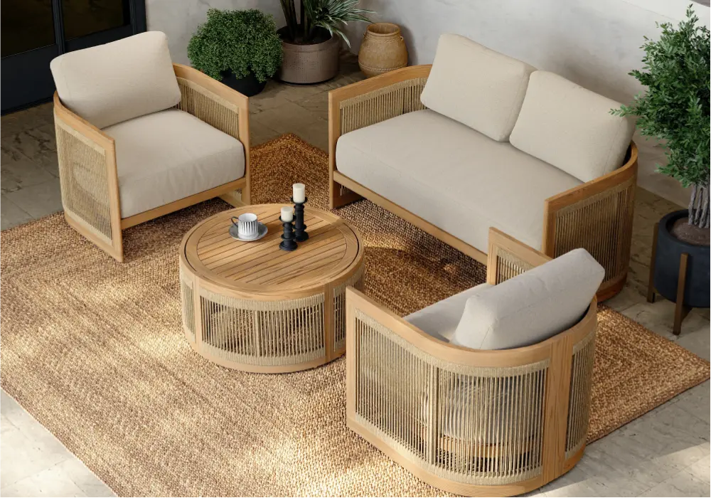 Boheva 4-Piece Outdoor Teak & Rope Weave Sofa Set with Coffee Table for 4