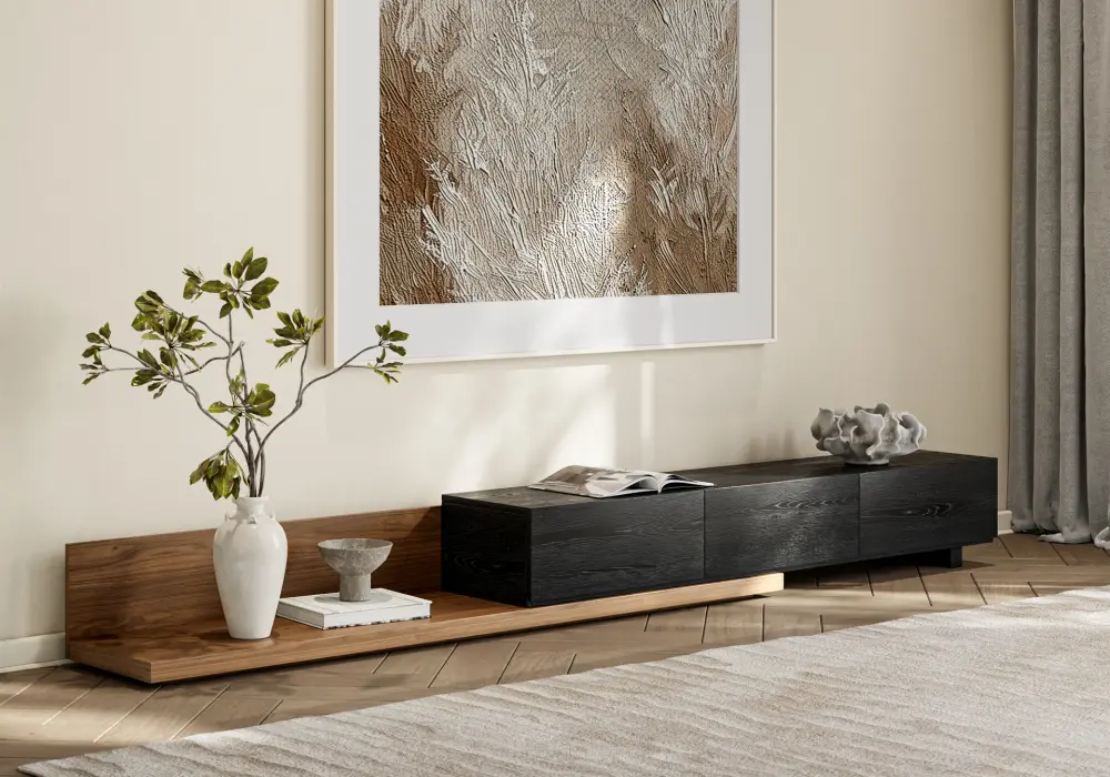 Extendable Floor Walnut TV Stand with 3 Drawers(84-110)