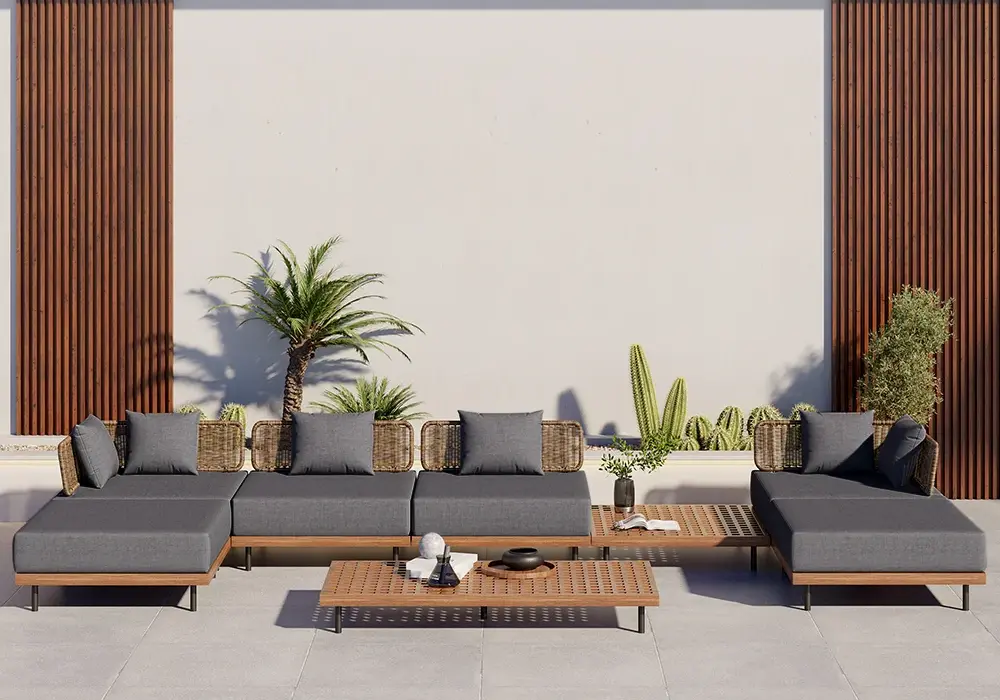 8 PiecesTeak & Aluminum & Rattan Outdoor Sectional Sofa Set with Coffee Table