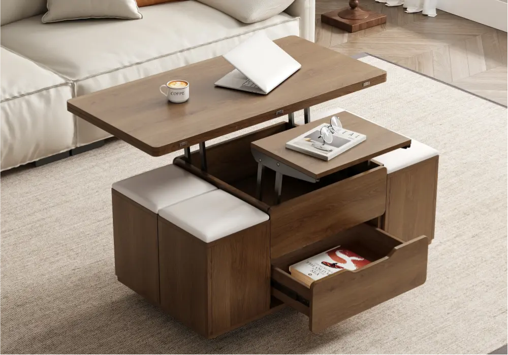 991mm Lift-Top Foldable Walnut Coffee Table with 4 Stools & Storage