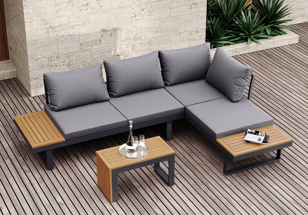 4-Pieces Modular L-Shaped Teak Sectional Outdoor Sofa Set with Fire Pit in Gray
