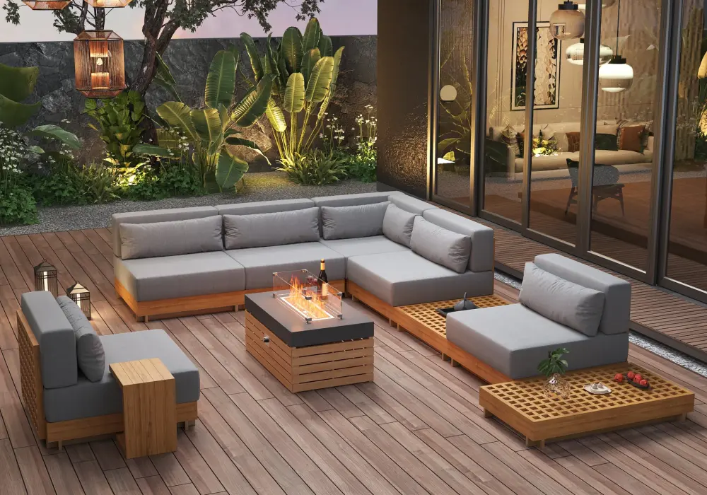 Grida 10-Pieces Premium Teak Modular L-Shaped Outdoor Sofa Set with Fire Pit in Gray