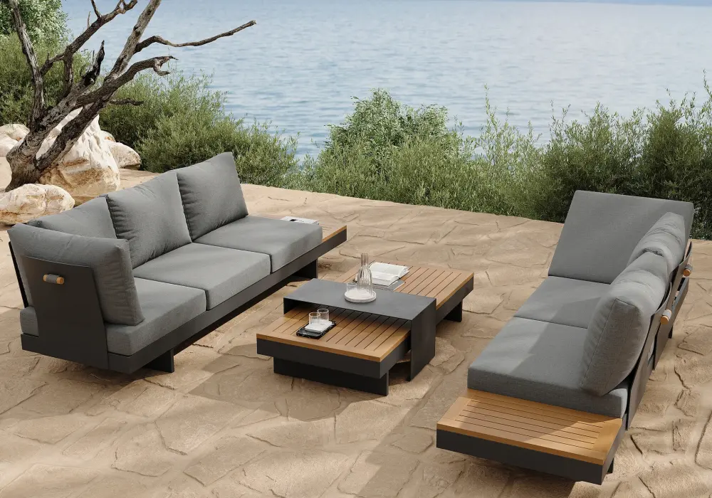 Tevara 4-Piece Outdoor Teak & Aluminum Modular Sofa Set with Coffee Table for 6 in Gray