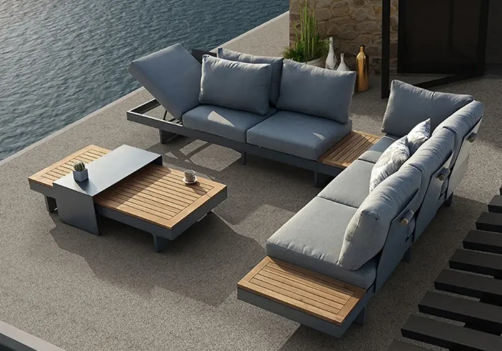 Tevara 4-Piece Outdoor Teak & Aluminum Modular Sofa Set with Coffee Table for 6 in Gray