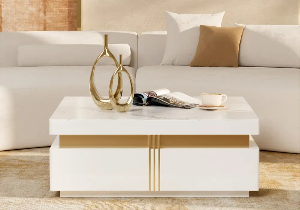 Modern 1092mm White Square Storage Coffee Table with Sintered Stone Top & 4 Drawers