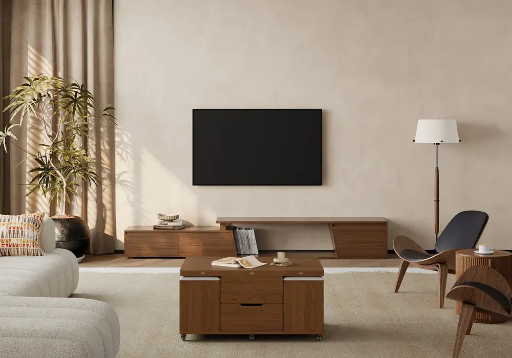 Modern Minimalist Japandi Style Living Room Design in Brown Beige Black Wood Tones with Wooden Cotton Velvet