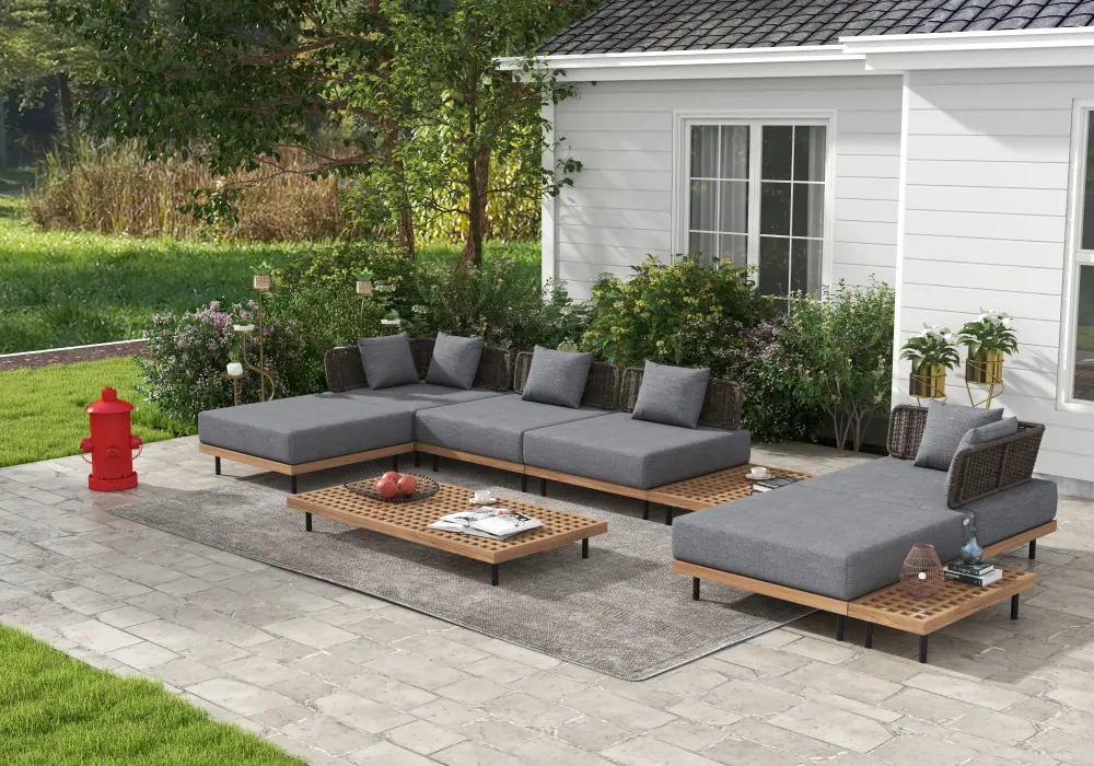 Modern & Luxurious Outdoor Design in Wood Tones & Gray with Metal & Rattan