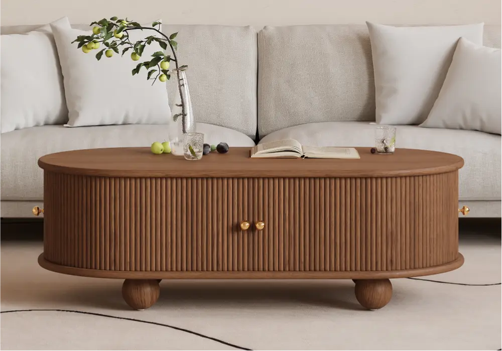 1194mm Modern Oval Walnut Solid Wood Fluted Coffee Table with Storage