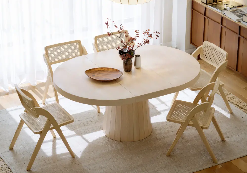 Japandi 39–55 Extendable Round-to-Oval Wood Dining Table–Whitewash, Seats 4-6