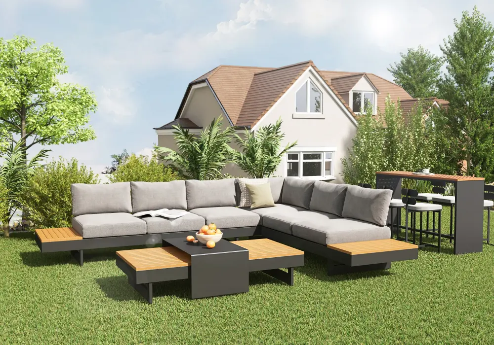 Modern Outdoor Design in Gray & Wood Tones with Wooden & Cotton
