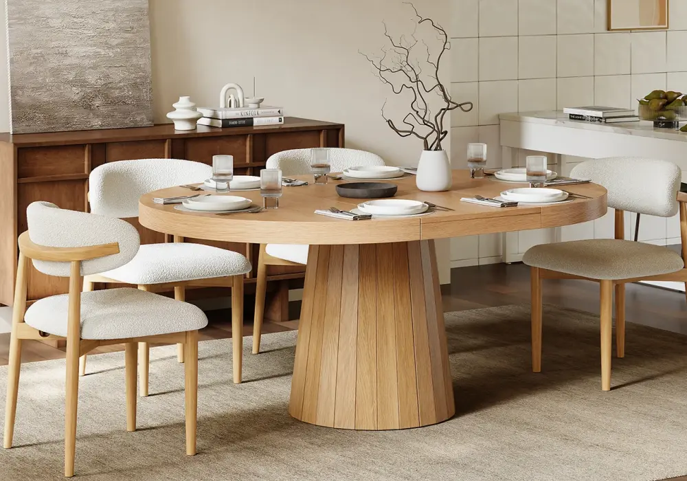 Modern Minimalist Japandi Style Dining Room Design in Beige White Brown with Wooden Glass Stone