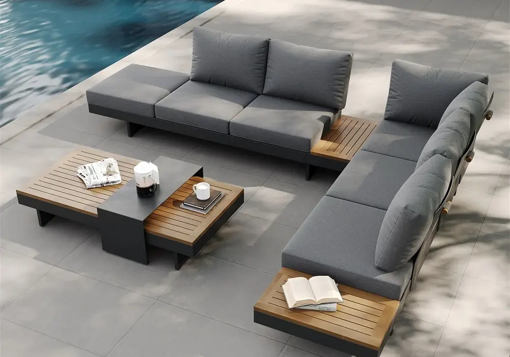 Tevara 4-Piece Outdoor Teak & Aluminum Modular Sofa Set for 6 in Gray with Black Cover