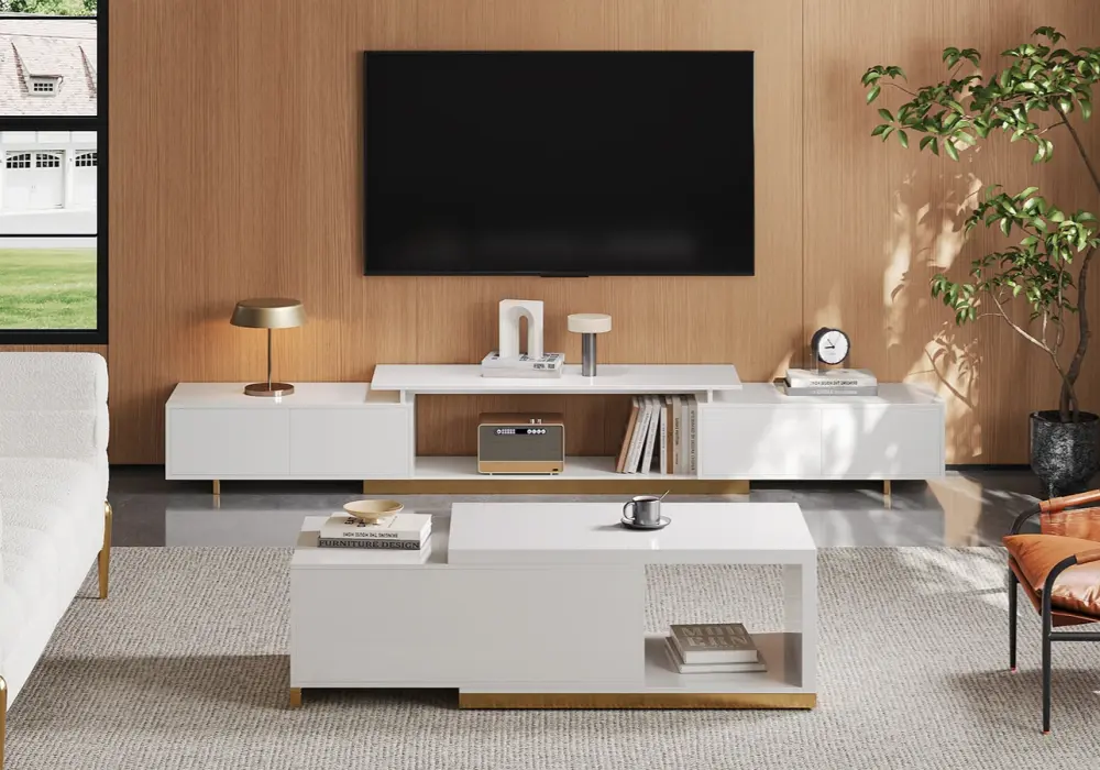 Mordel 63"-94" Extendable White TV Stand with Storage