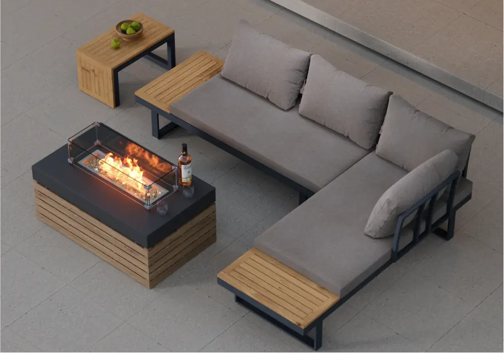 4-Pieces Modular L-Shaped Teak Sectional Outdoor Sofa Set with Fire Pit in Gray