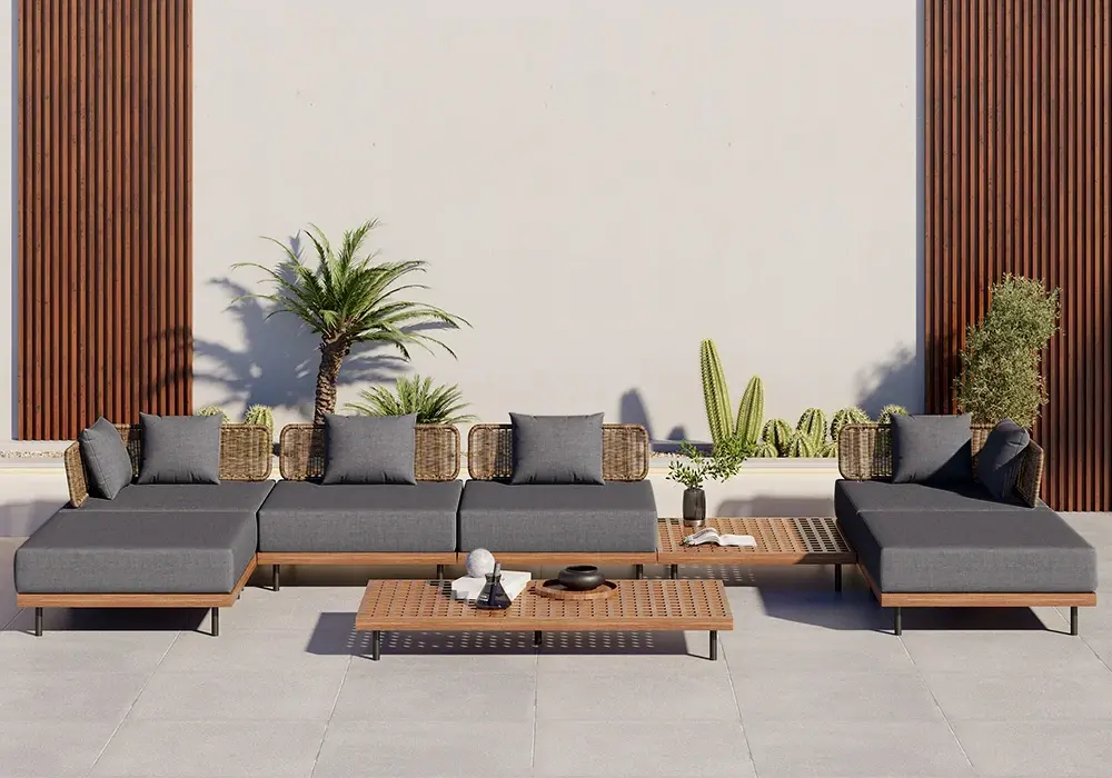 8 PiecesTeak & Aluminum & Rattan Outdoor Sectional Sofa Set with Coffee Table