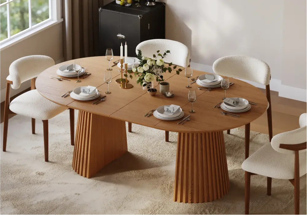 Modern 47"-79" Extendable Round-to-Oval Wood Dining Table with Fluted Base, Seats 4-6