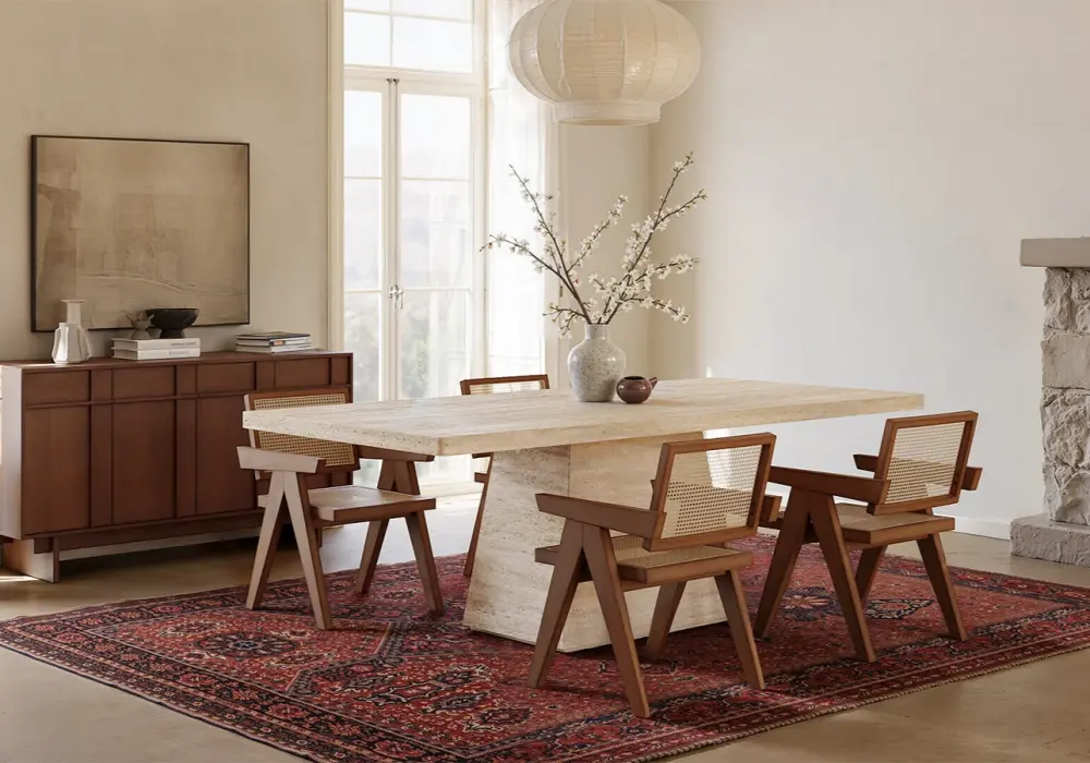 Modern 79" Rectangular Faux Travertine Dining Table, Indoor/Outdoor, Seats 6