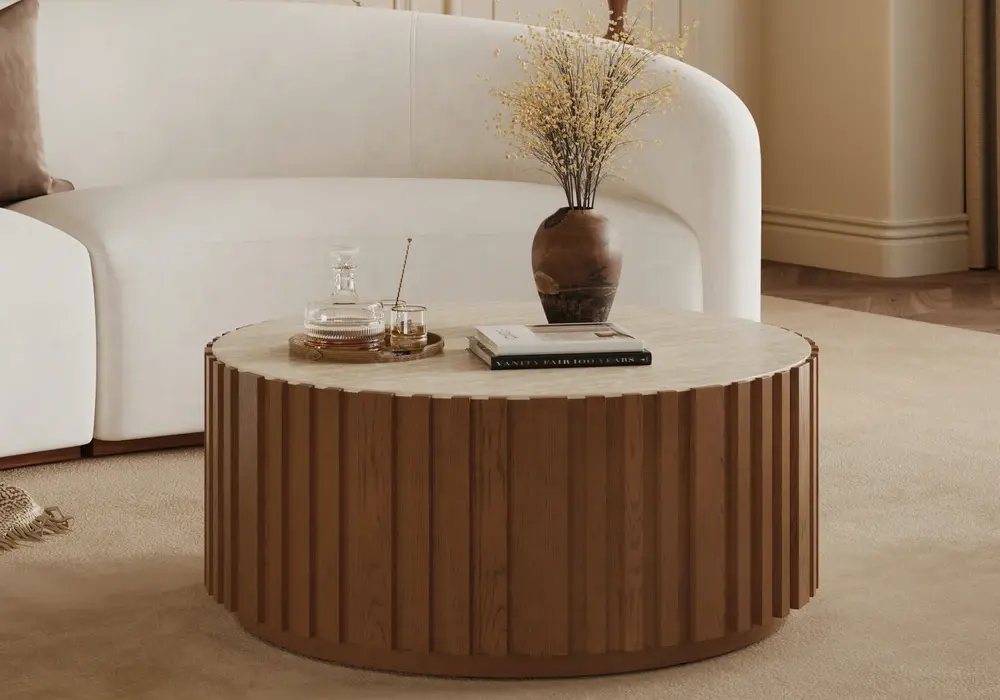 Aura 35" Ash Wood Slatted Round Coffee Table with Sintered Stone Top