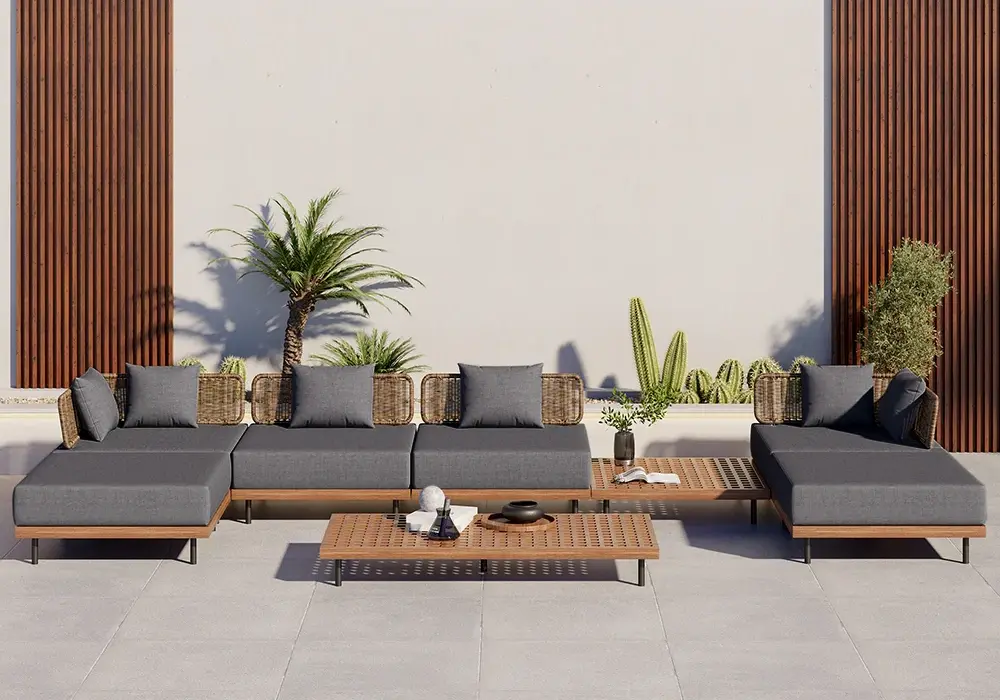 8 PiecesTeak & Aluminum & Rattan Outdoor Sectional Sofa Set with Coffee Table