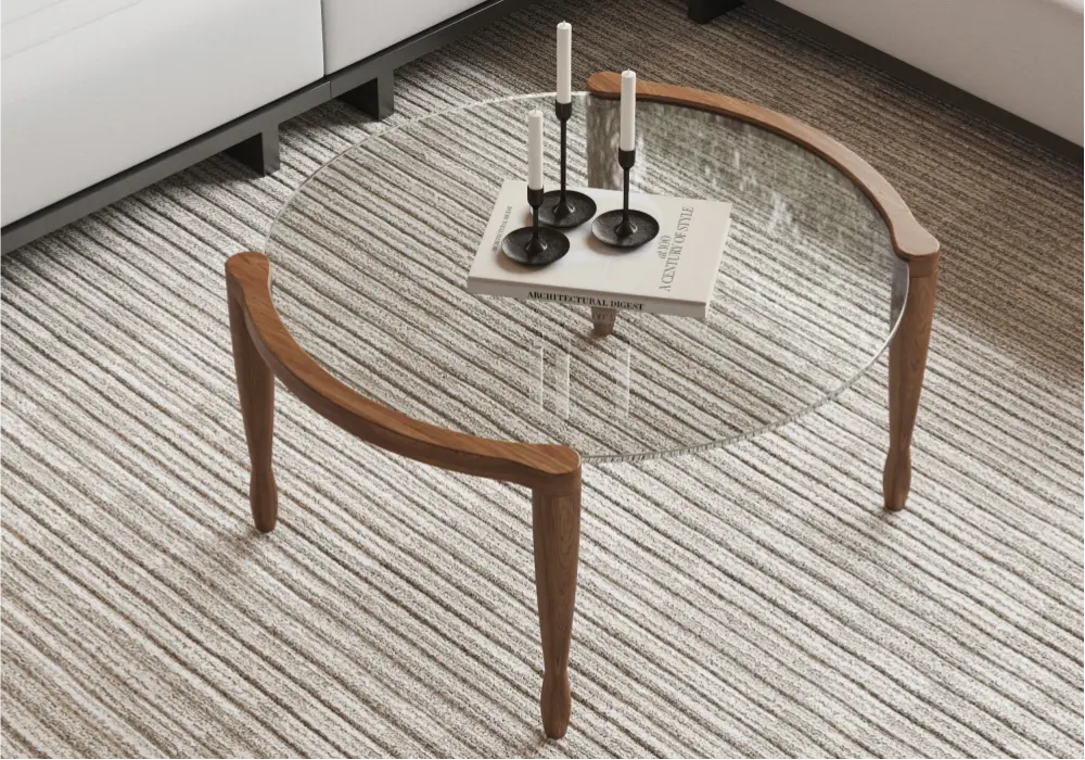 32" Round Glass Mid Century Modern Coffee Table with Wood Legs