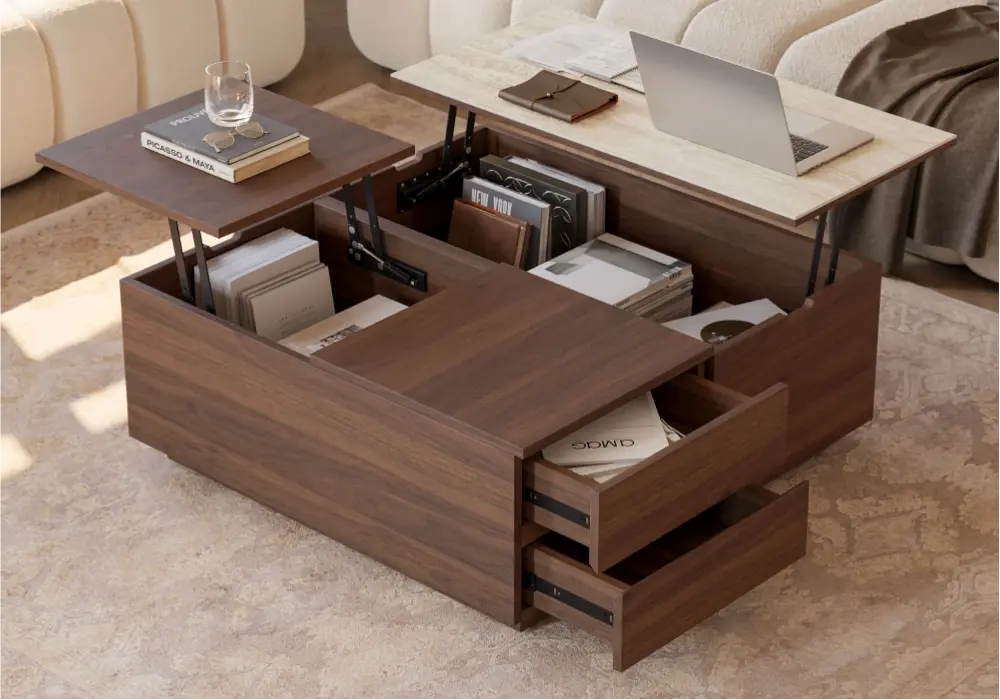 39" Square Dual Lift-Top Walnut Coffee Table with Sintered Stone Top & Storage