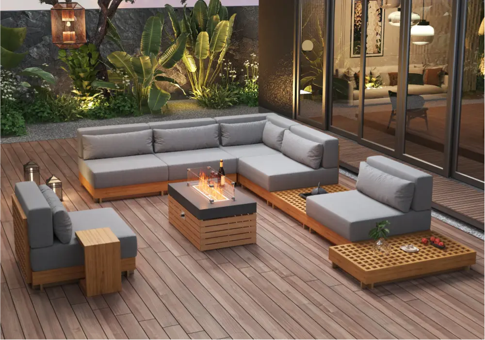 Grida 10-Pieces Premium Teak Modular L-Shaped Outdoor Sofa Set with Fire Pit in Gray