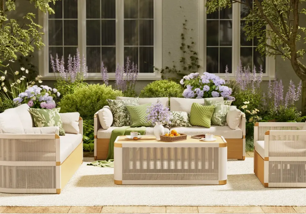 4-Piece Outdoor Rope Weave Swivel Sofa Set with Coffee Table in Ivory for 6