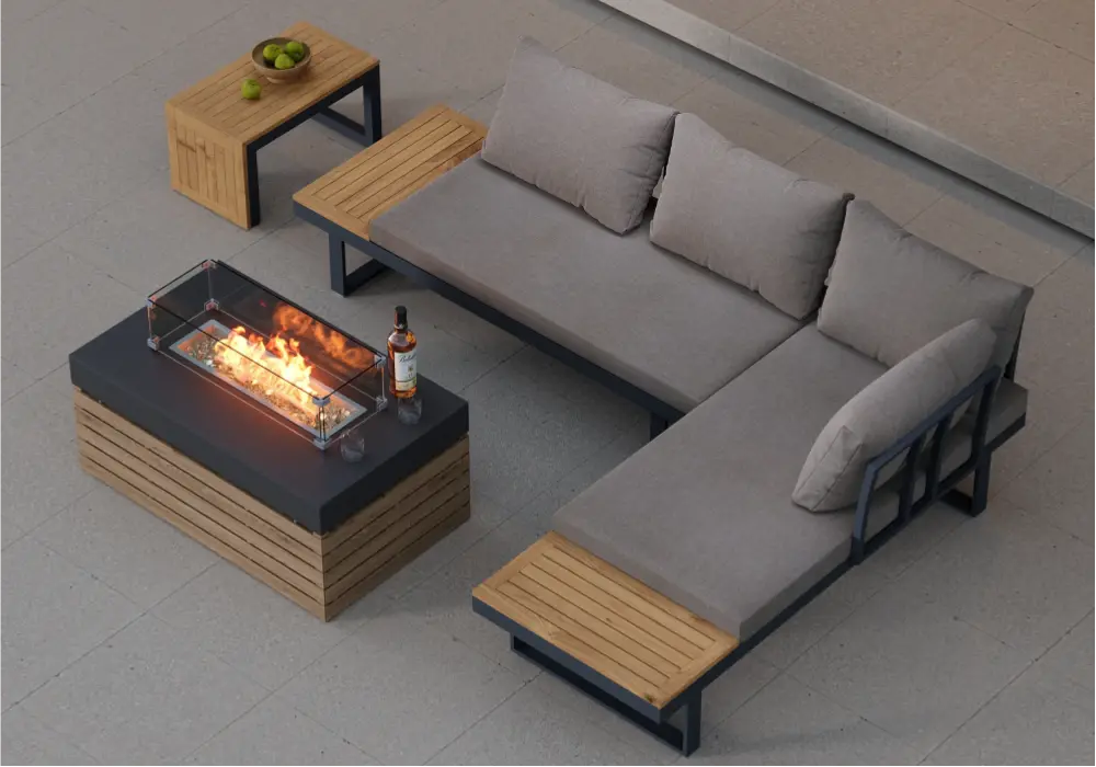 4-Pieces Modular L-Shaped Teak Sectional Outdoor Sofa Set with Fire Pit in Gray