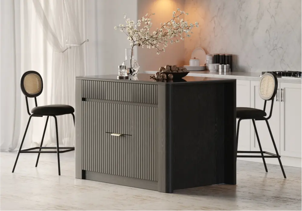 Mid-Century Modern 1295mm Glossy Sintered Stone Top Kitchen Island with Storage, Black