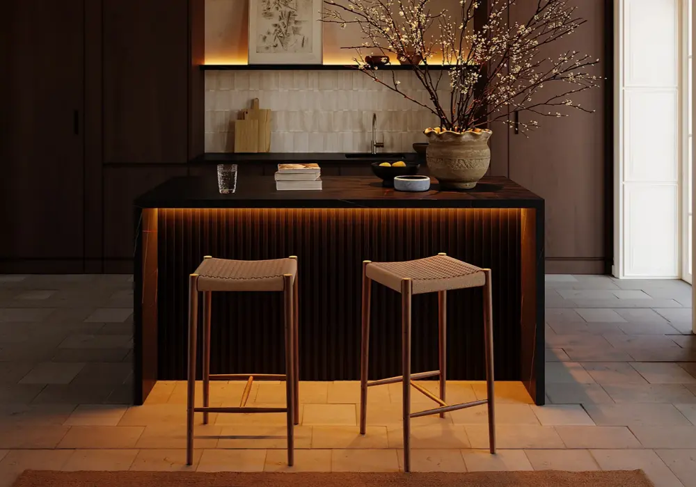 Modern 1829mm Black Kitchen Island with Storage & LED Light, Waterfall Edge