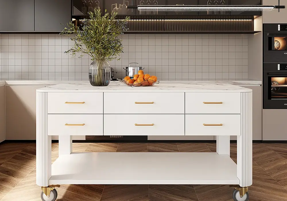 Modern 1524mm Wood Kitchen Island with Wheels & Cabinets
