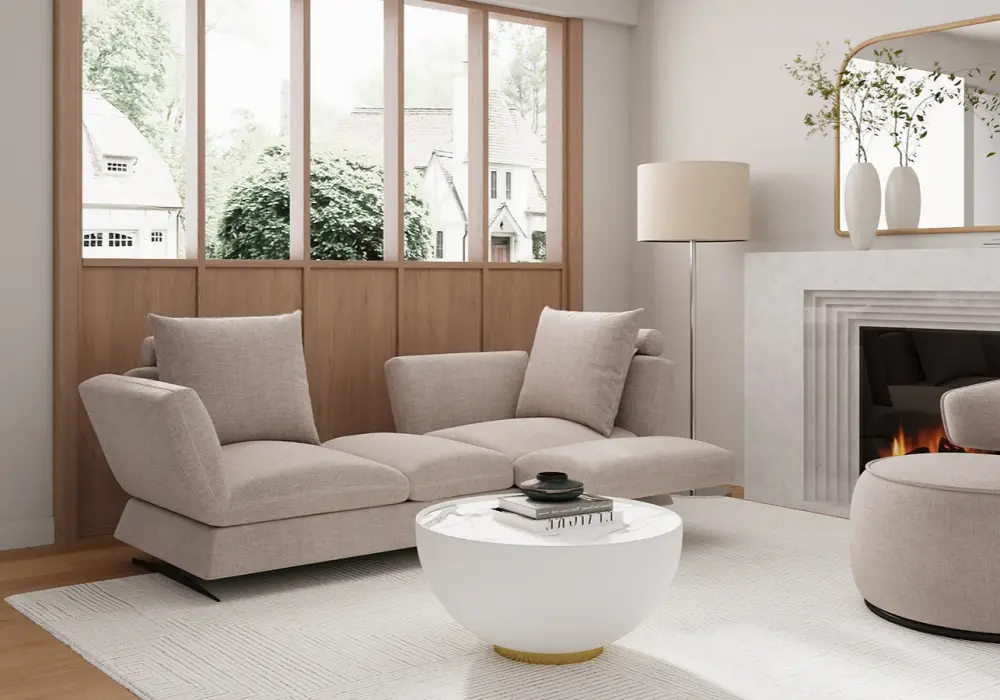 Modern  Minimalist  Nordic Style Living Room Design in White  Beige  Wood Tones with Wooden  Stone  Cotton